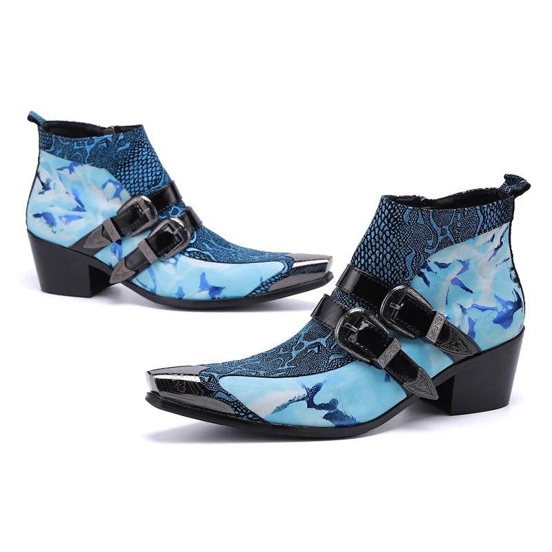 Amay Handmade Luxury Genuine Leather Men Boots Blue Snake Skin Italian Business Dress Formal Shoes Double Buckle Cowboy Ankle Boots