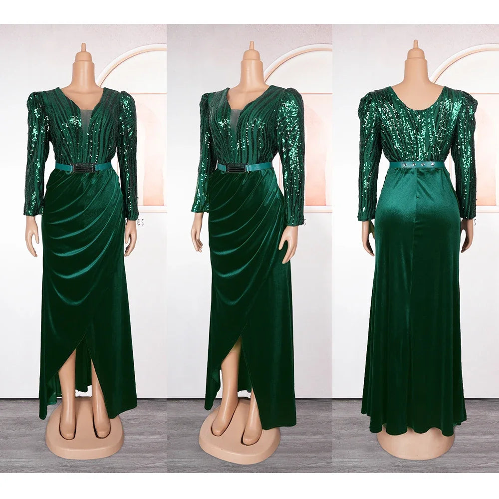 Amay Dresses for Women New Fashion Plus Size Sequin Evening Party Long Dress Dashiki Ankara Outfits Robe African Clothes