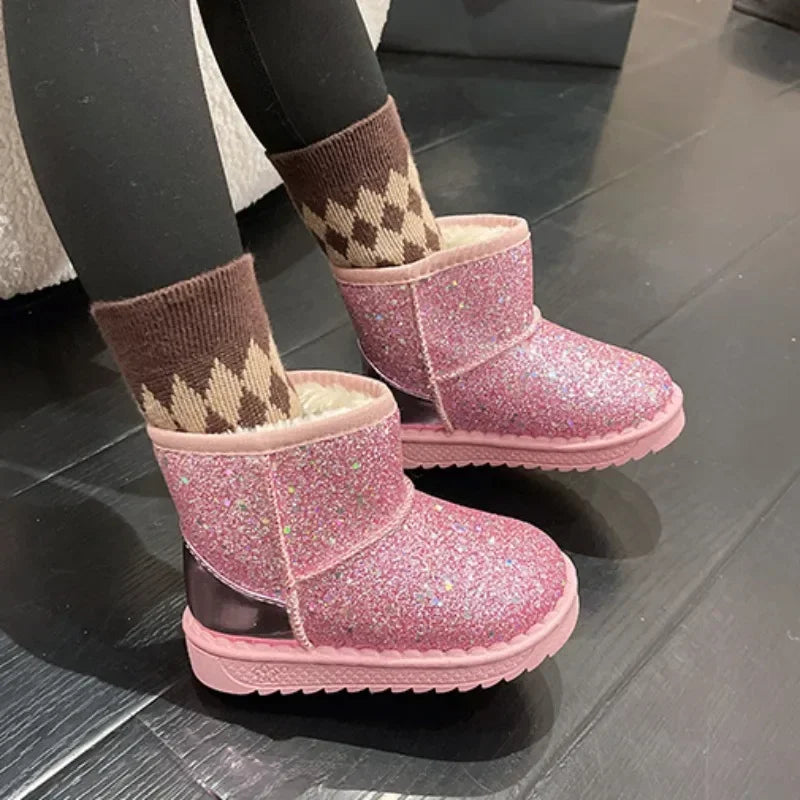 Maxy Kids Snow Boots Winter New Sequin Princess Ankle Boots Plush Warm Cotton Shoes Toddler Non-slip Sneakers Pink Girl's Boot