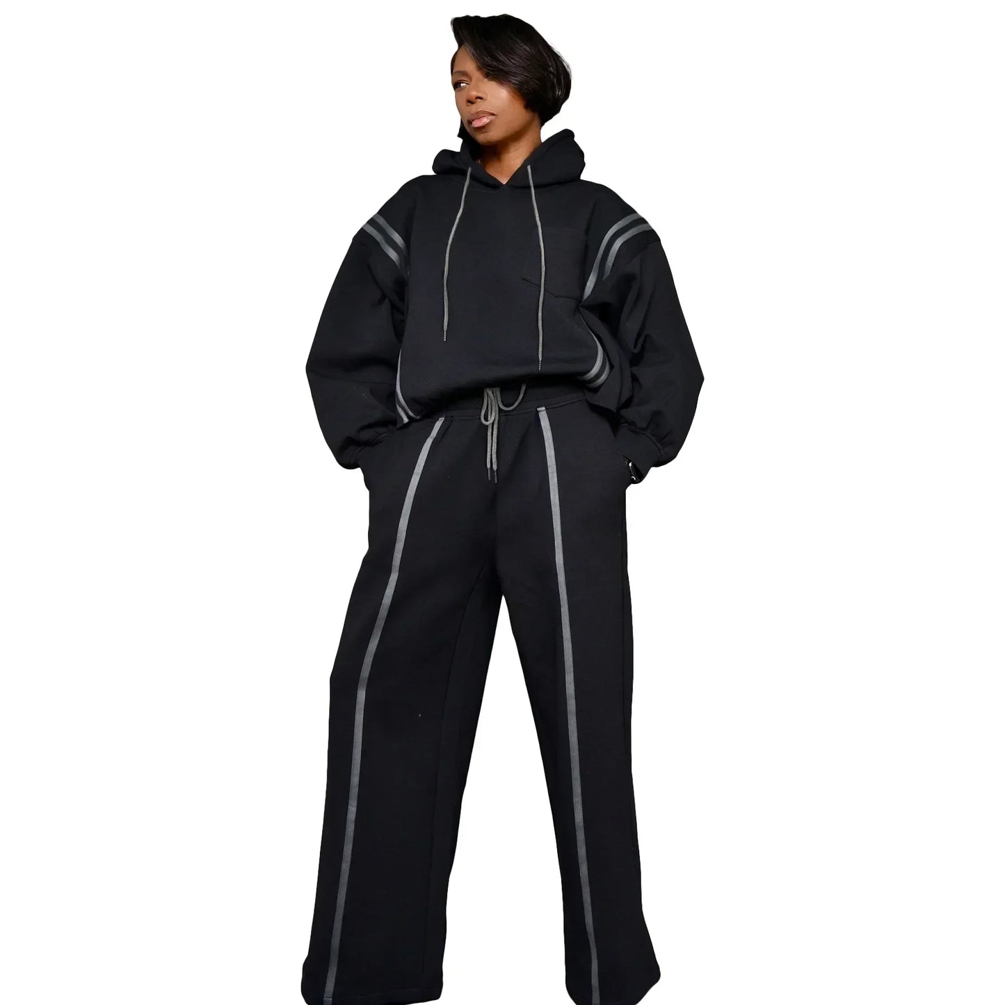 Maxy Active Ribbon Striped Women's Set Long Sleeve Hoodies +Jogger Pants 2024 Fall Winter Two 2 Piece Sets Outfits Tracksuit