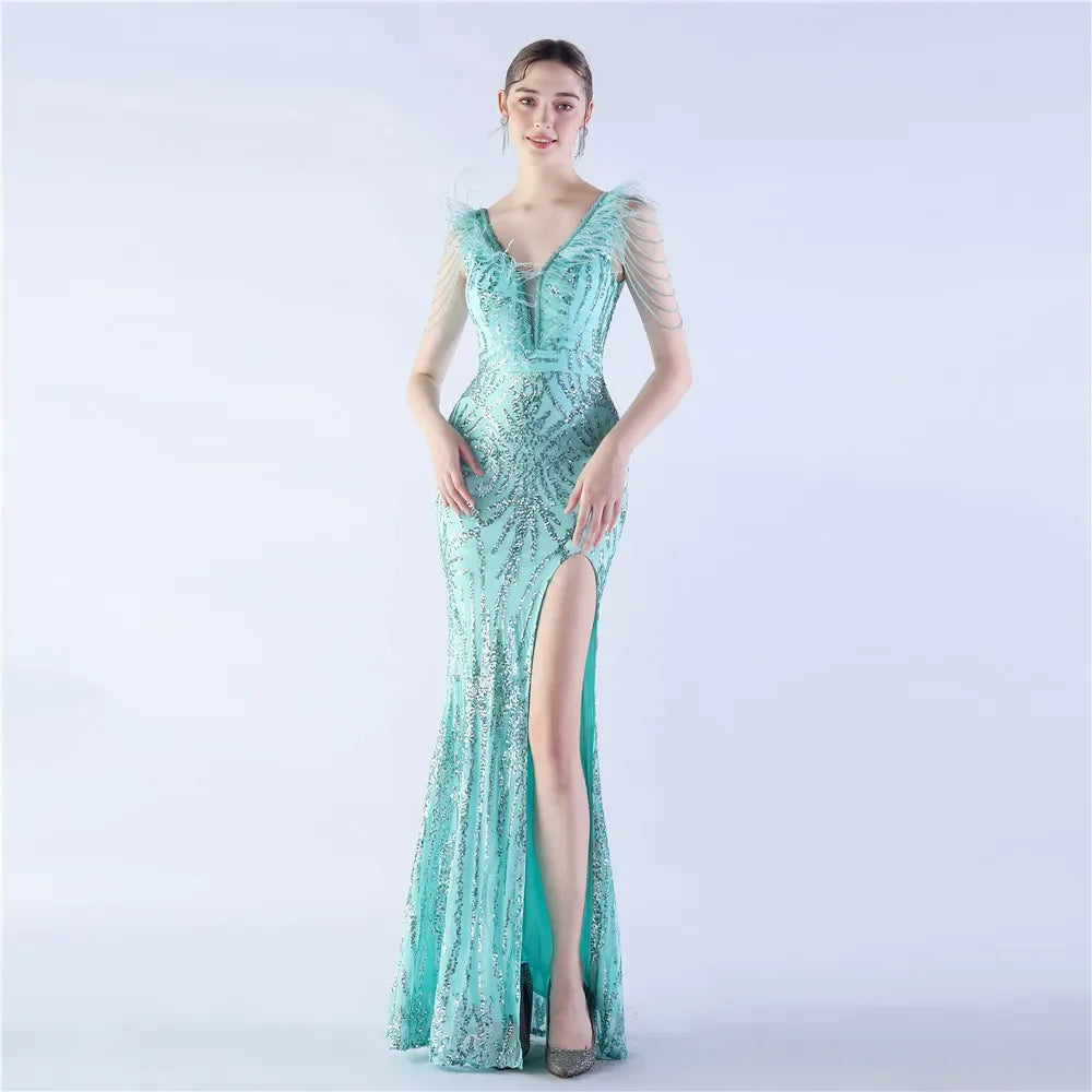 Babs Women's V Neck Feather With Sequin Sleeveless Split Mermaid Gown Long Prom Evening Party Dress