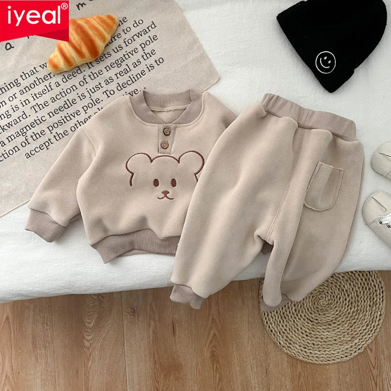Maxy Children's Warm Fleece Suit Tracksuit Set for Boy Girl Baby Clothes Fall Winter Insulated Sweatshirt Pants Sportwear