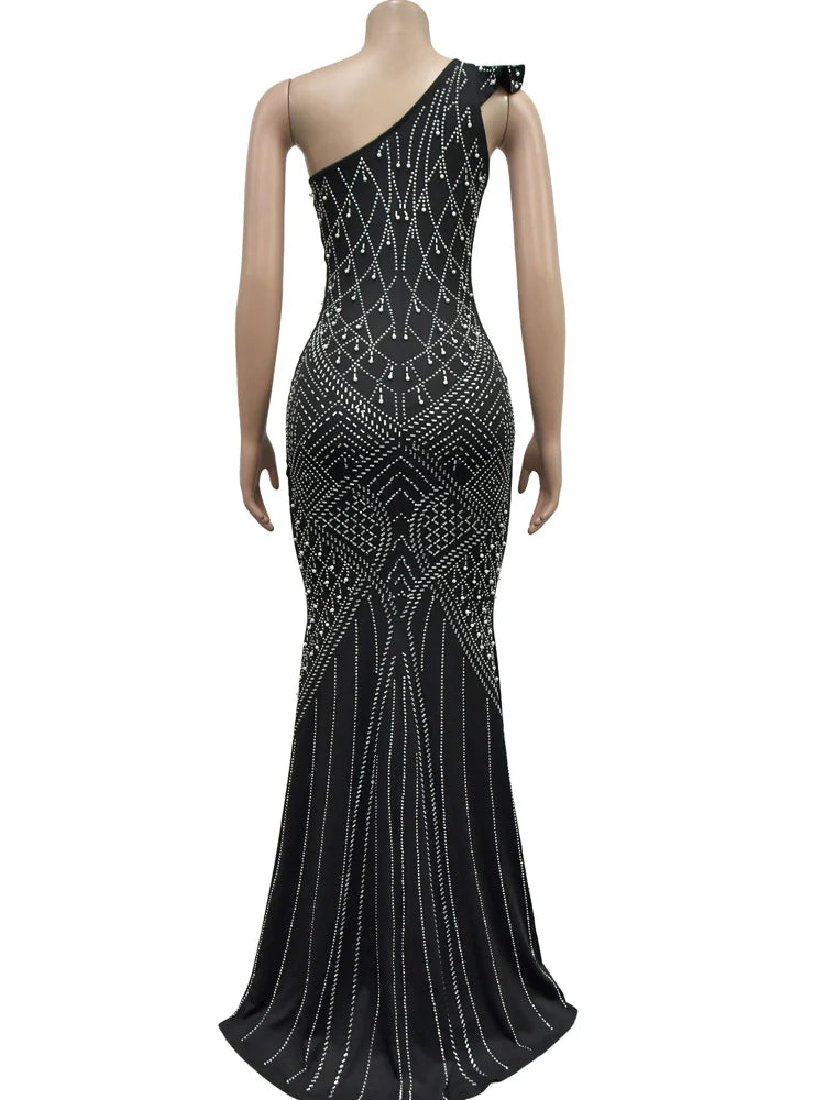 Maxy Kroesen Sexy Crystal Rhinestones Pearls Maxy Dress Women One Shoulder Sleeveless Dress Celebrities Outfits New Year dress