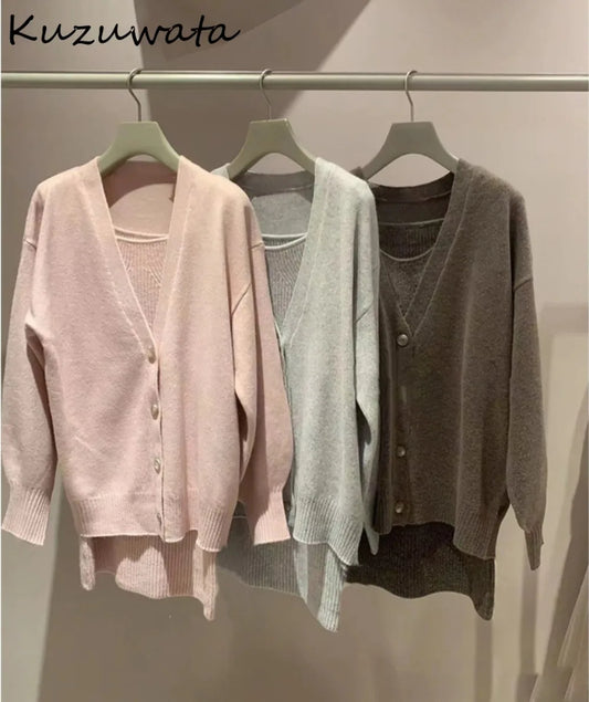 Maxy New Slim Fit Knit Elegant Sets Dress+v Neck Single Breasted Lantern Sleeve Cardigan Japan Spring Casual Suits Robe