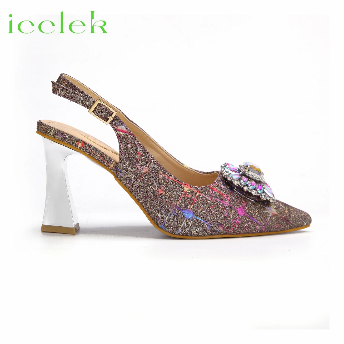 Max Women High Heels Sandals Shinning Material with Rhinestone Design Colorful Pointed Toe Shoes and Bags Set