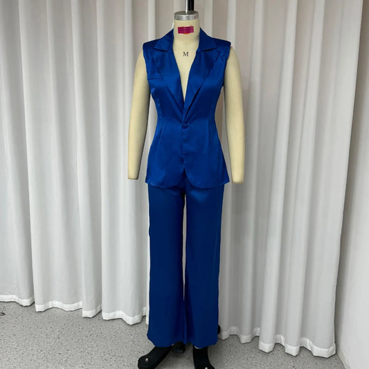 Maxy Wefads Women's Sets Summer Office Lapel V Neck Sleeveless Backless One Button Solid Vest Top Loose Pants Suit High Streetwear