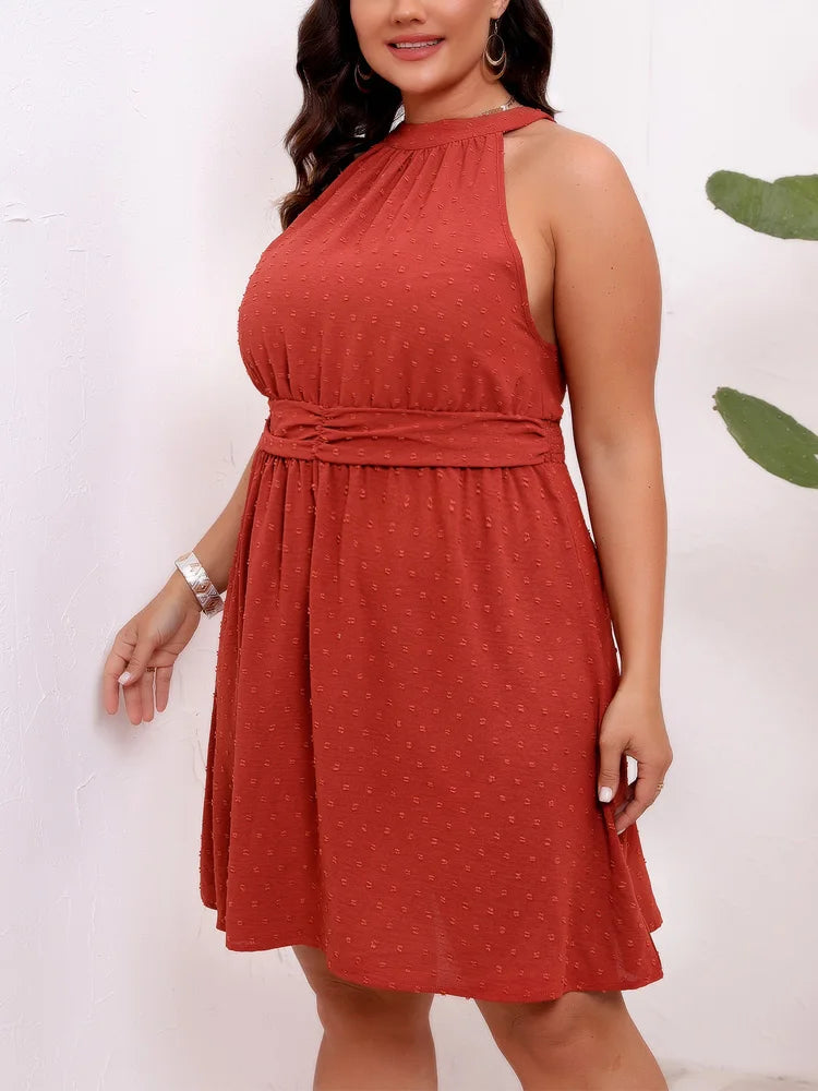 Maxy Plus Size Swiss Dot Halter Neck Sleeveless Mini Dress Women's Summer Elastic Waist Holiday Style Boho A-Line Dresses