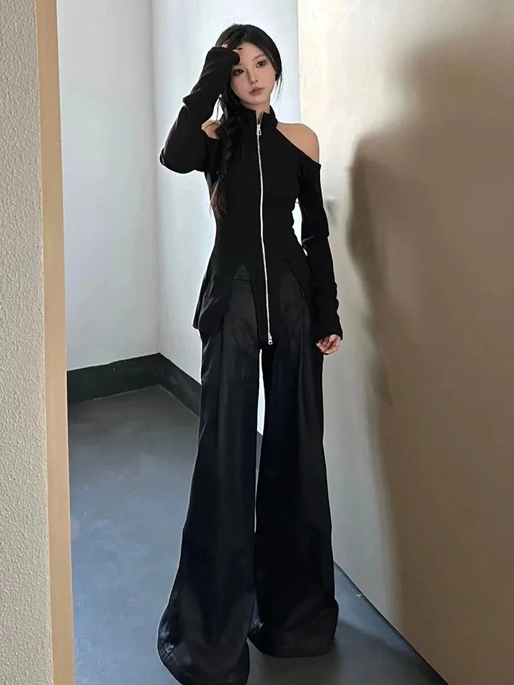 Amay New Stand Collar Zipper Tops Women Off Shoulder Long Sleeve T-shirts Y2k E-Girl Slim Fit Halter Knitted Tee Shirt Sweater