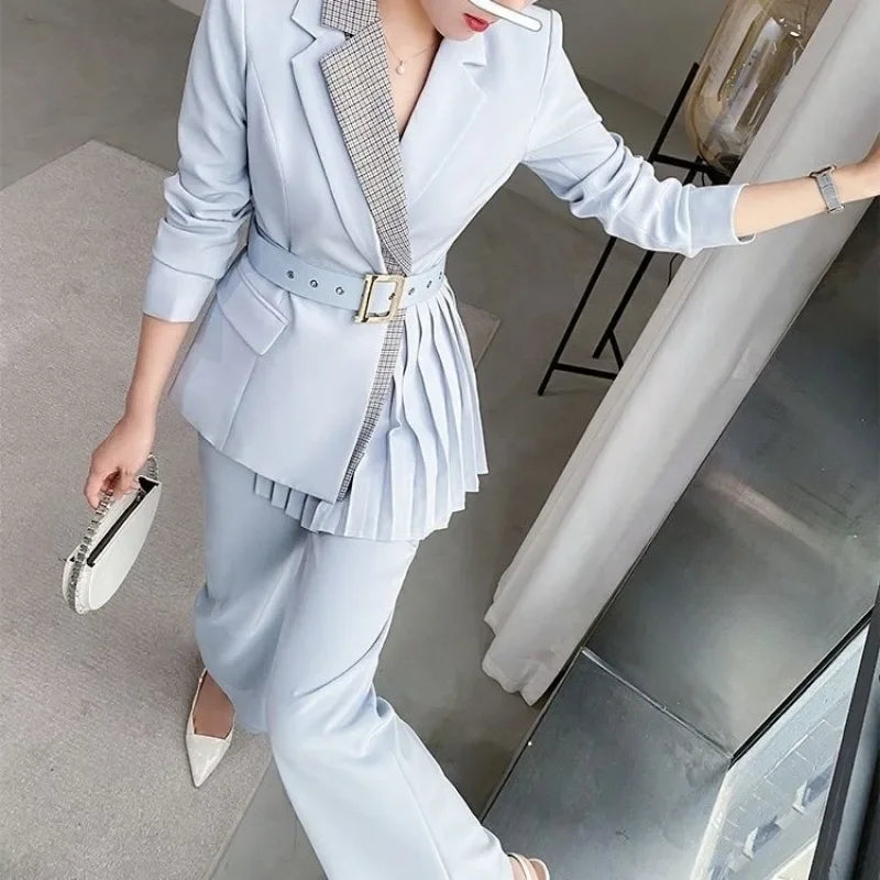 Maxy Blazer and Formal Spring Autumn Trousers Woman Splicing Blue Suits Pant Sets for Women 2 Pieces Business Clothing Trend