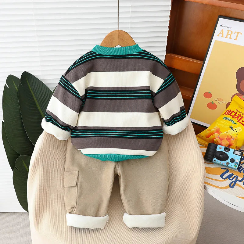 Maxy Children Clothing Sets Autumn Winter Baby Boys Stripe Sweatshirt Pants Warm Plush Toddler Kids Tracksuit Infant Clothes Outfits