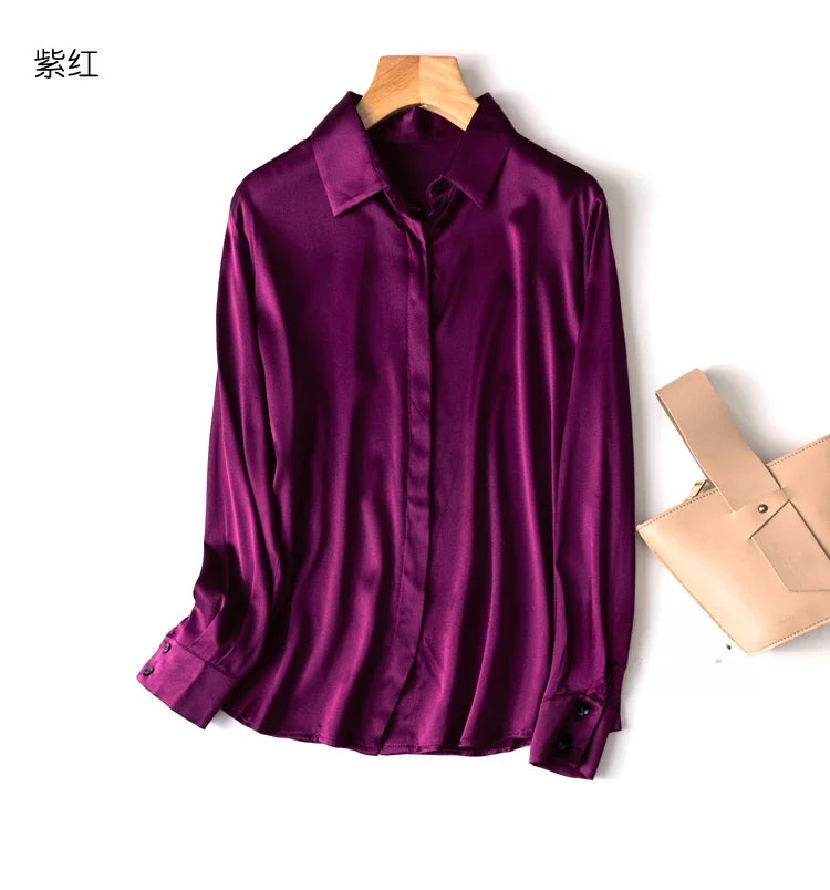 Mercygrace Women's 93% Mulberry Silk 7% Spandex 19 momme satin Silk Buttons long sleeve shirt Top Blouse office work chemise femme