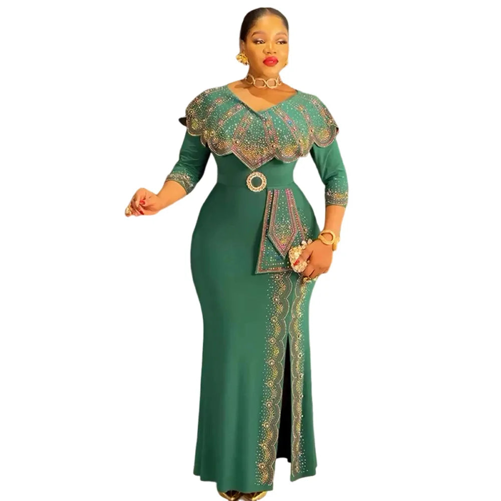 Amay Plus Size Party Dresses for Women Dashiki Diamond Bodycon Long Dress Elegant Muslim Wedding Evening Gowns Outfits