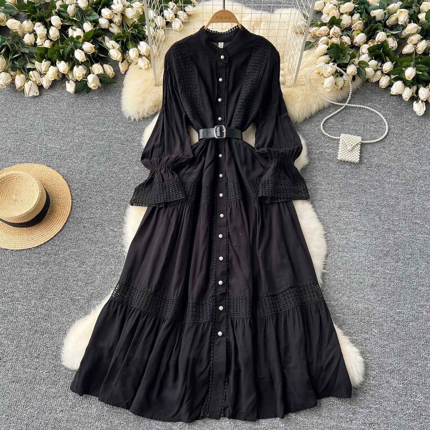 Maxy Retro Elegant Summer Stand Collar Flare Sleeve Single Breasted Lace Spliced Dress A-line French Evening Party Women Dresses