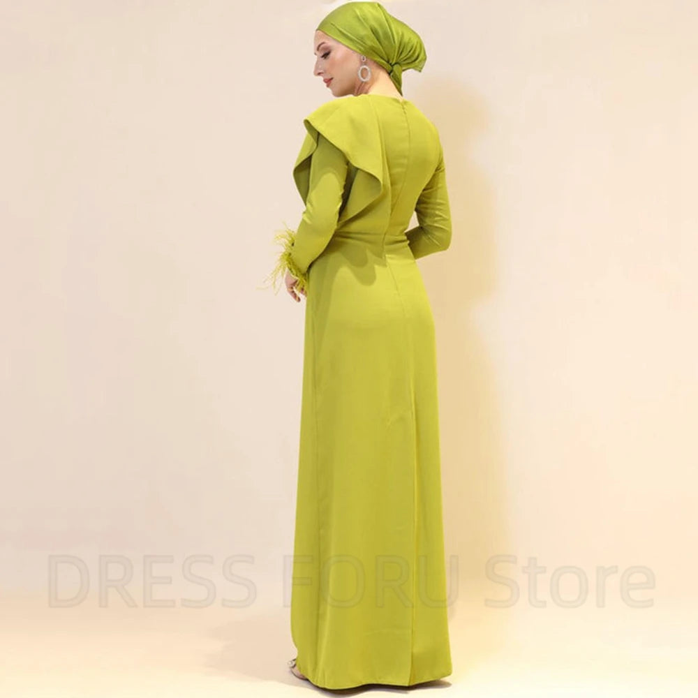Maxy Chic Muslim Long Sleeves Evening Dress with Pleat and Feathers Straight Women Floor Length Gowns for Wedding Party Guest