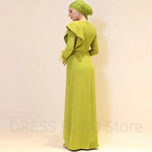 Maxy Chic Muslim Long Sleeves Evening Dress with Pleat and Feathers Straight Women Floor Length Gowns for Wedding Party Guest