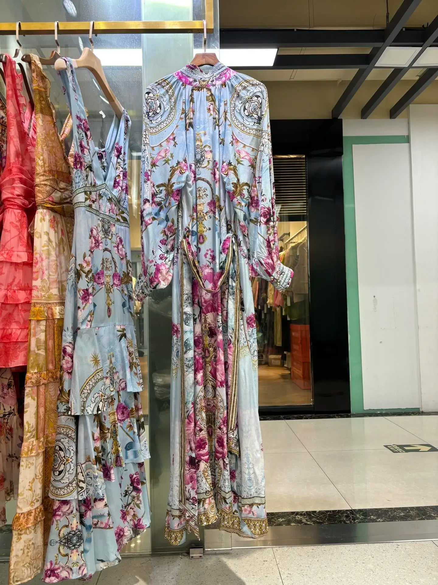 Amay Robe for Women New Spring Summer 100% Silk Hollow Out Flower Printed Stand Collar Waist Lace-up Casual Long Dress