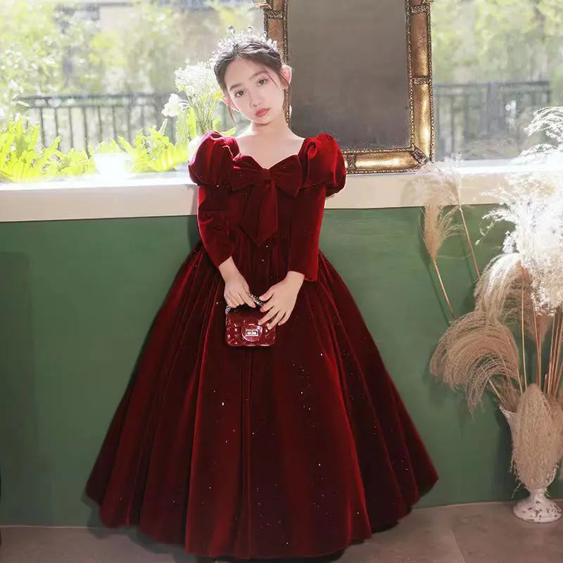 Wedding Flower Kid Elegant Costumes Christmas Party Children Formal Burgundy Long Dresses Teen Girls Birthday Gala Fashion Dress