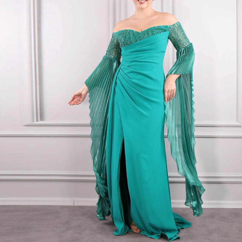 Maxy Off the Shoulder Elegant Party Dresses Woman Satin Sleeveless Straight Pleats Floor Length Sweep Train Crystal Quinceanera Gowns