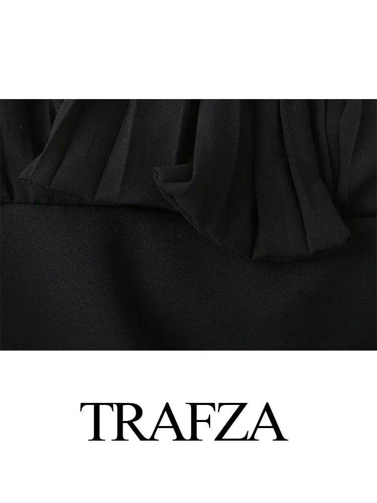 TRAFZA Woman Summer Bow Black Slim Elegant Short Party Shirt Dress Women New Fashion Long Sleeves Pleated Mini Dress Mujer