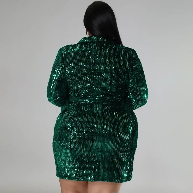 Maxy Sequin Green Evening Party Plus Size Dress for Women 5XL Spring Long Sleeve New Fashion Elegant Dress Large Size