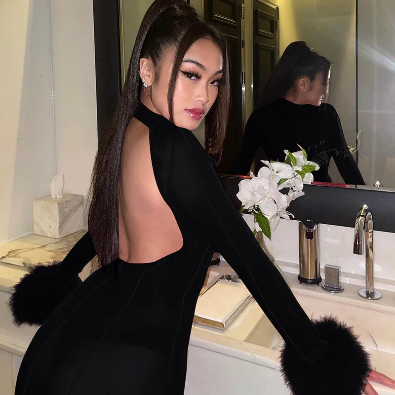 Maxy Europe Explosive New Fashion Solid Color Stand Collar Hollowed Out Backless Nightclub Style Stitching Hairy Long-sleeved Dress