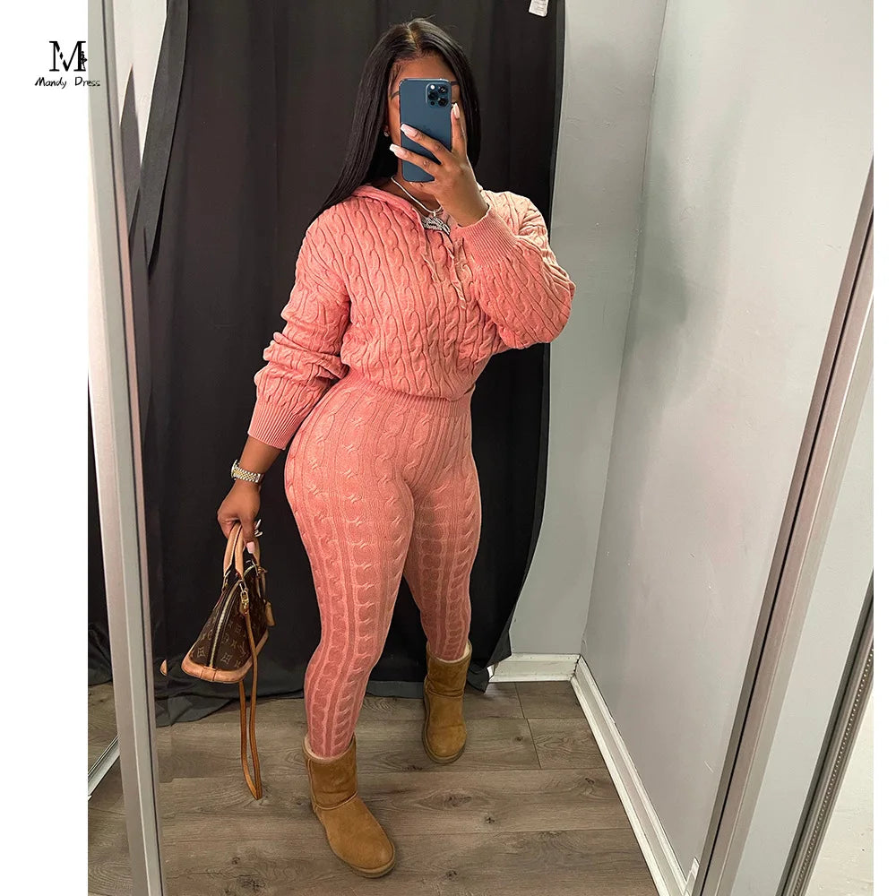 Maxy Fall Winter Women Knit Sweater Matching Sets Skinny Hoodies and Pants Clothing Casual Loungewear 2 Two Piece Outfits