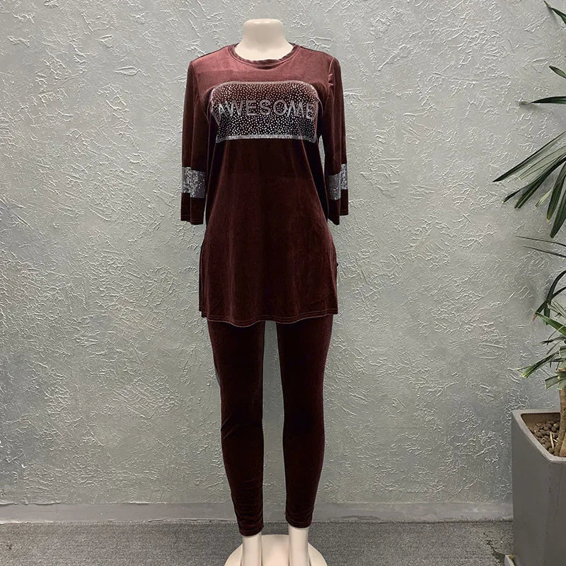 Maxy Velvet 2 Piece Pant Sets Outfits Women Short Sleeve Blouses Slim Pencil Pants Suit Ladies Beading Matching Set Tracksuit