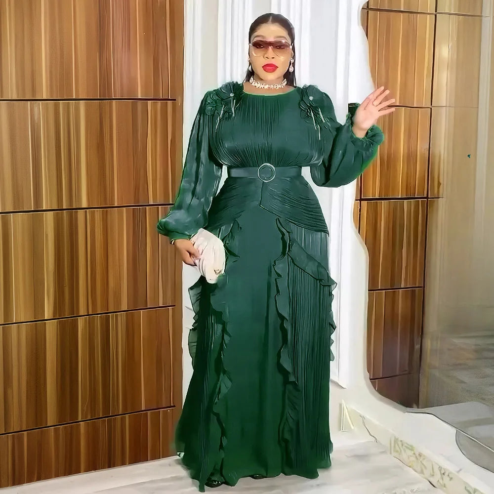 Maxy New Luxury Pleated Party Dress Round Neck Plus Size Dashiki Abaya Women Evening Dress
