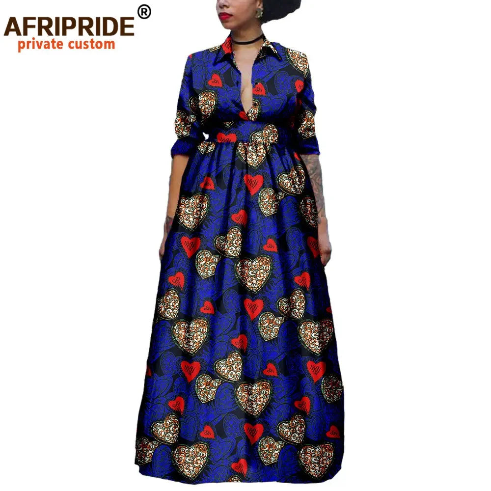 Maxy African Long Dresses for Women Half Sleeve Ankle-length Notched Collar Party Dress Print Ankara AFRIPRIDE A1825075