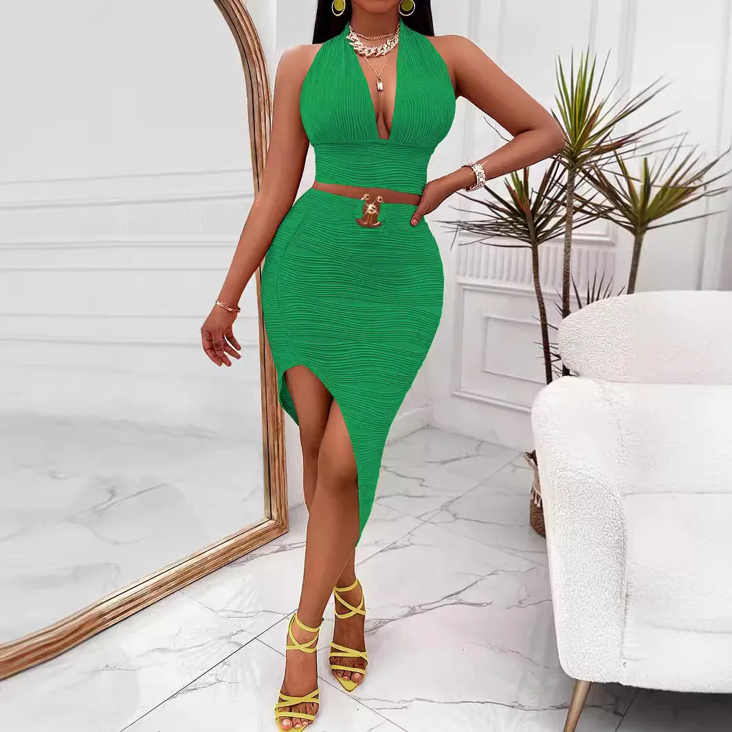 Maxy Summer New V-neck Hanging Neck Top Split Half Skirt Two-piece Set Fashionable Women's Short Skirt Set Casual Full Set Clothing