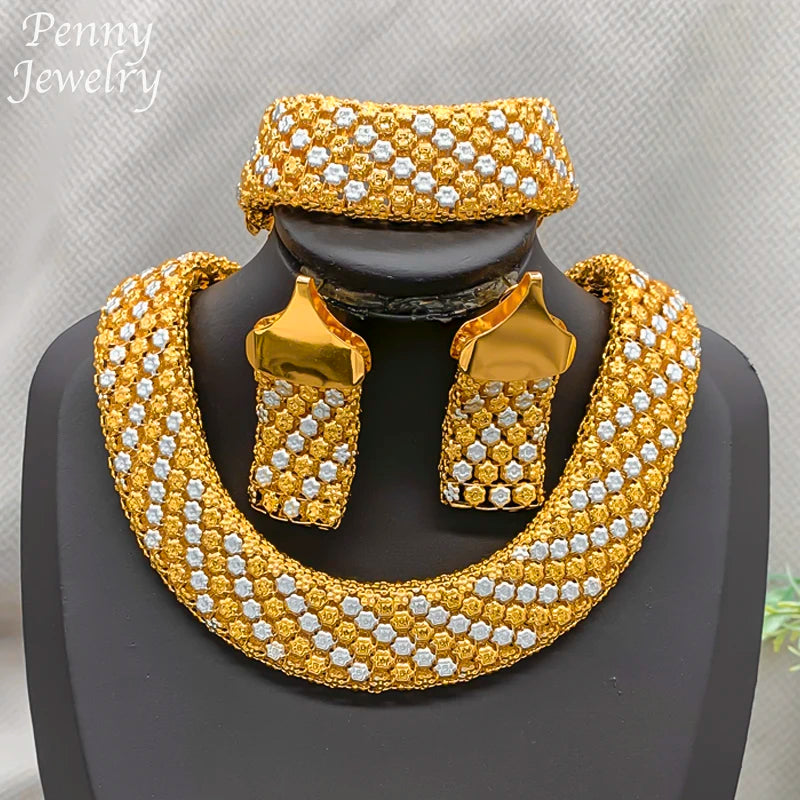 Trendy African Jewelry Set for Women Chunky Necklace Earrings Bracelet Dubai 18K Gold Plated Fashion Jewellery for Party Wedding