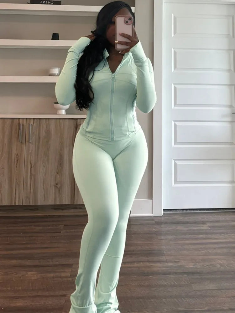 Maxy Autumn Casual Solid Sporty Two Piece Sets Elegant Women Stand NeckZipper Long Sleeve Slim Top & Skinny Pants Outfits Tracksuits