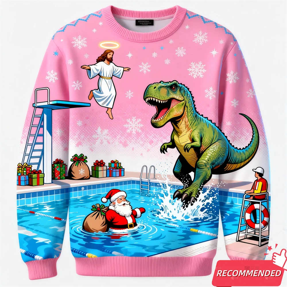 Maxy Christmas Sweatshirt For Men Dinosaur Funny Jesus Santa Ugly Sweater Fashion Unisex Streetwear Xmas Kids Y2k Tracksuit Tops