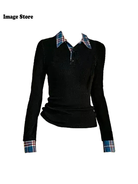 Maxy Autumn Women Old Money Vintage Y2k Fake Two Pieces T-Shirts Long Sleeve Polo Collar Tees Chic Top 2000s Aesthetic Grunge Tide