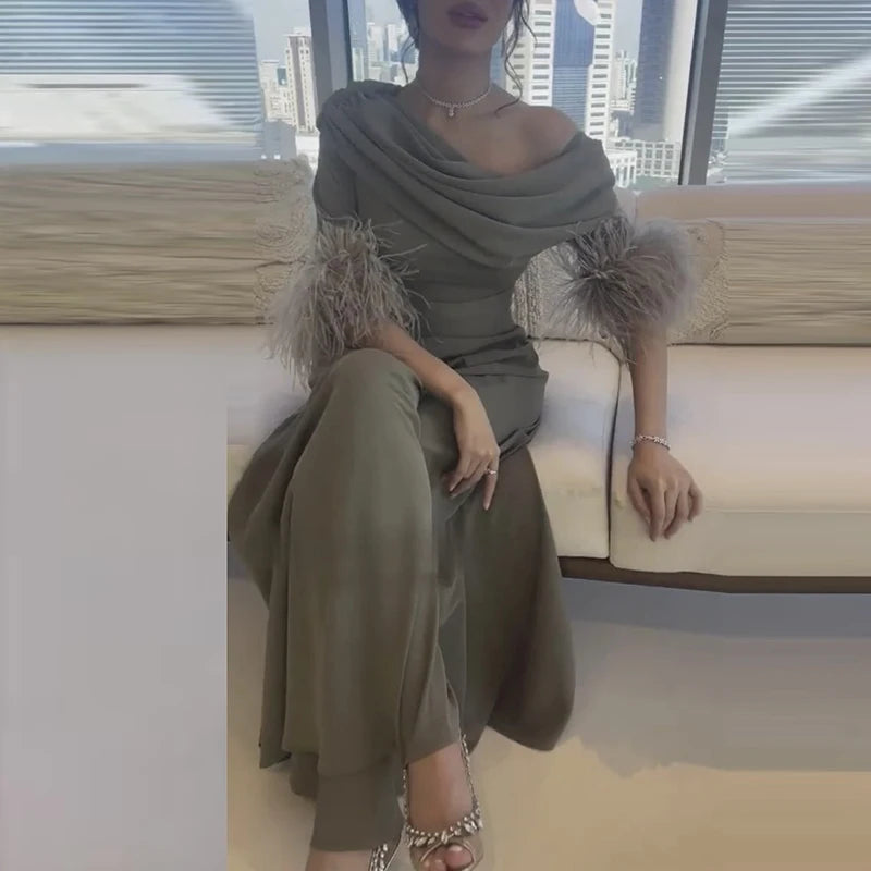 Amay Fashion Lady Diagonal Collar Party Jumpsuit Simple Elegant High Waist Pleat Pants One Piece Women Solid Patchwork Feather Romper