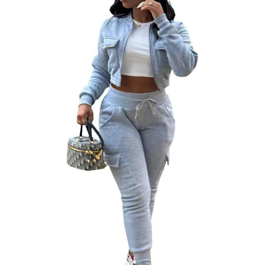 Women Pant Sets Tracksuit Zipper Short Coats Solid Pocket Two Piece Drawstring Pencil Pants Casual Spliced Thick Sporty