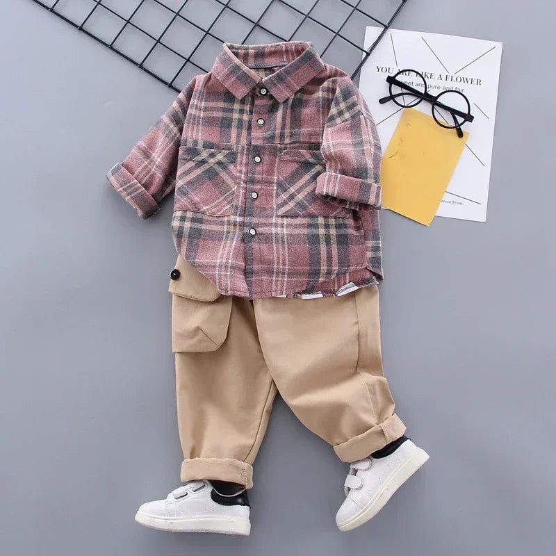 Toddler Boys Clothes Autumn Winter Kids Plaid Sets Turn-Down Shirt+Pant with Bag 2pcs Outfit Children Clothing Suit For Boy