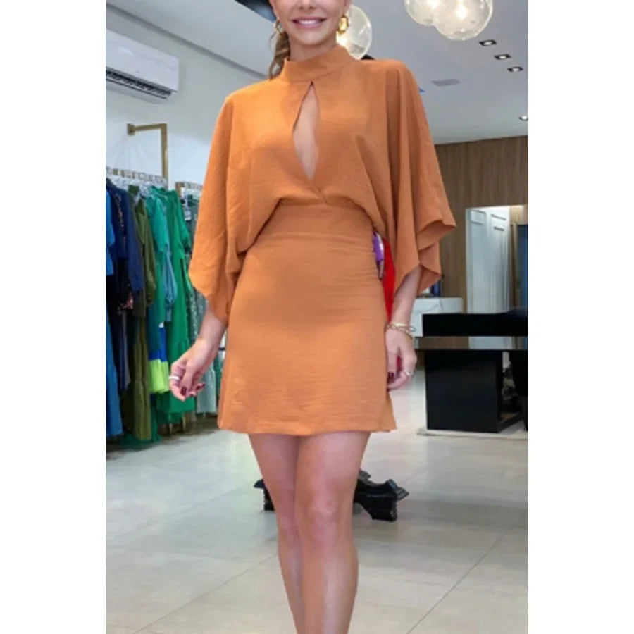 Maxy Elegant Solid Backless High Waist Mini Dress Fashion Stand Collar Half Sleeve Hip Wrap Dress Temperament Ladies Hollow Out Dress
