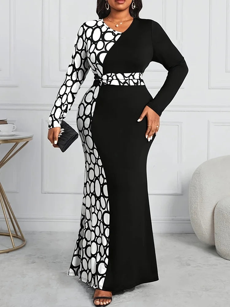 Maxy  Plus Size Autumn V-neck Long Sleeve Mermaid Hem Bodycon Dress Women Black Contrast Print Elegant Maxy Dresses New