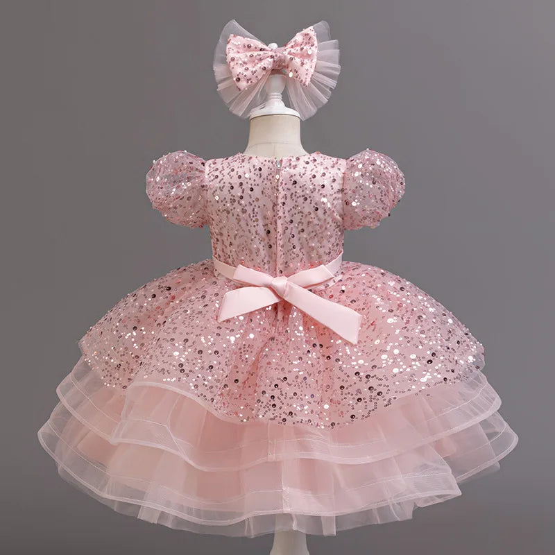 Maxy Luxury Western Girl Sequenant Dress Bubble Sleeve Vedic Princess Skirt 2-10 Birthday Party Evening Dress Summer Girl's clothes