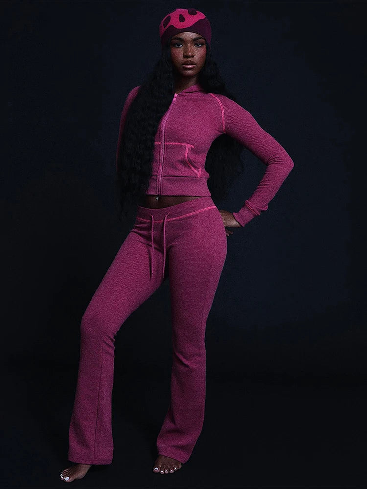 Maxy Casual Tracksuit 2 Piece Set Woman Zip Cardigan Full Sleeve Hooded Jacket+Drawstring Long Pants Daily Sporty Style Outfits