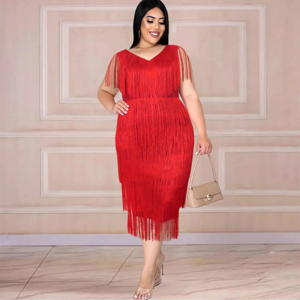 Maxy Plus Size Tassel Sleeveless Elegant Dress Female Luxury Dinner Prom Women Solid Fringed Robe Fashion Large Size Evening Dress