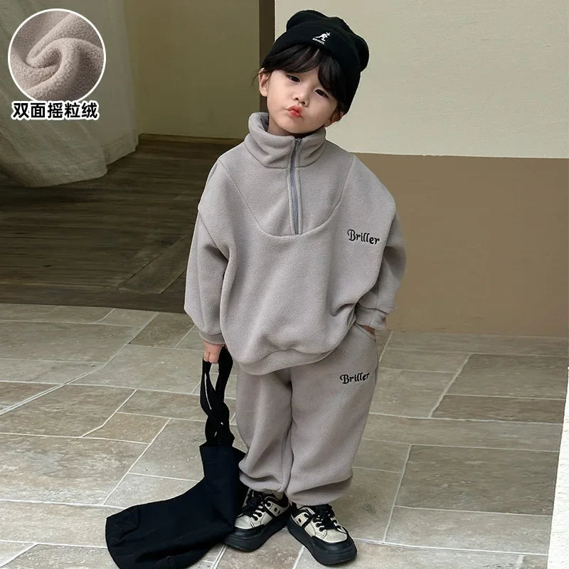 Maxy Autumn Winter Baby Kids Fleece Tracksuit Boys Girls Velvet Sweatshirt and Pants Two Piece Sets Children Sports Set