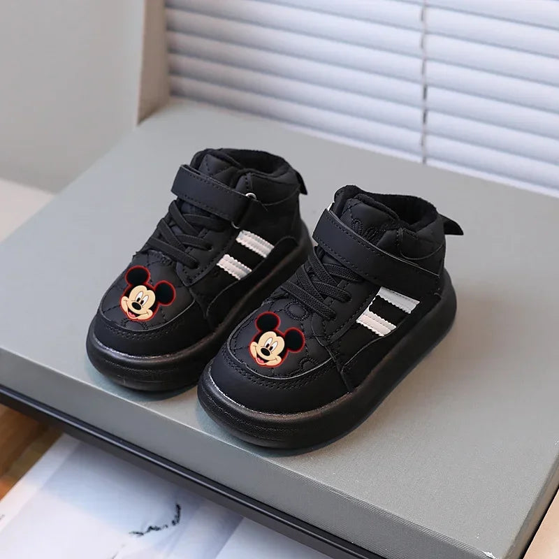 Maxy Disney Mickey Mouse Autumn and Winter Children's Casual Shoes Plus Velvet Warm Fashion High Top Board Shoes Boys Girls Sneakers