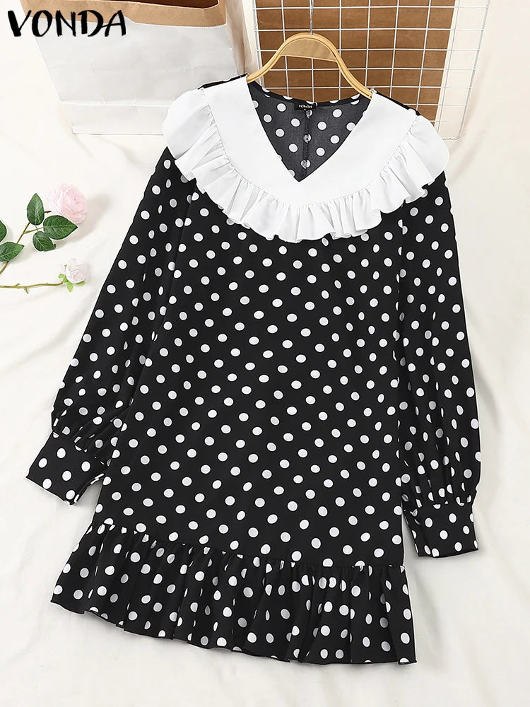 VONDA Dot Printing Mini Dresses 2024 Women Ruffeld Elegant V-Neck Vestidos Holiday Sundress Casual Lantern Long Sleeve Robe