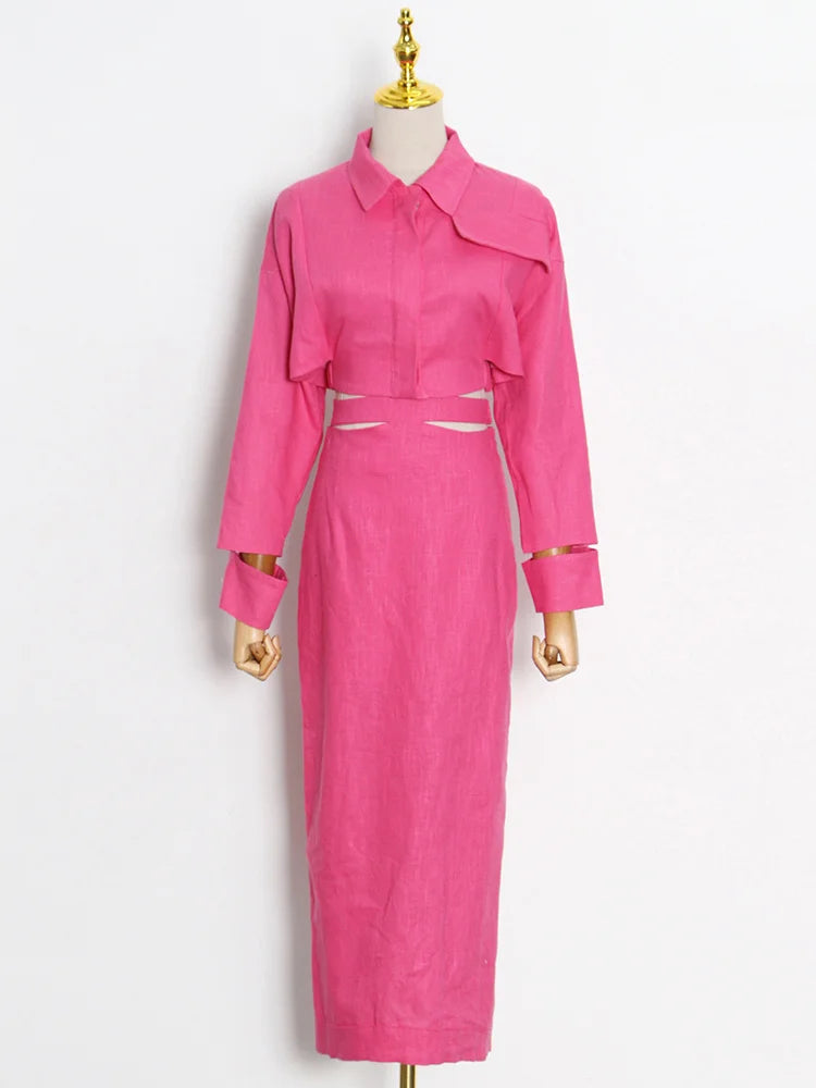 Maxy TWOTWINSTYLE Solid Casual Two Piece Set For Women Lapel Collar Long Sleeve Short Top High Waist Slim Skirt Female Fashion