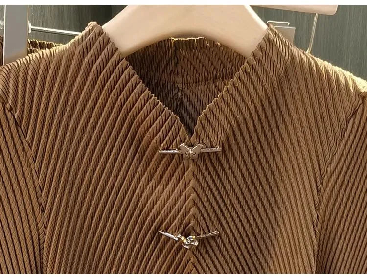 Maxy Miyake Pleated Tassel 2 Pieces Skirt Suit Women Long Sleeve Metal Butterfly Buttons High Stretch Tops + A-Line Midi Skirt Set