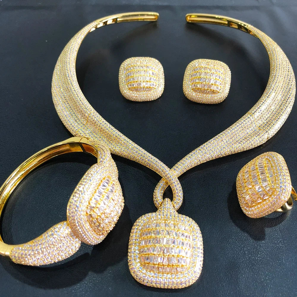 Maxy Trendy 4PCS Luxury Turquoise Statement Jewelry sets For Women Wedding Cubic Zircon Indian African Dubai Bridal Necklace