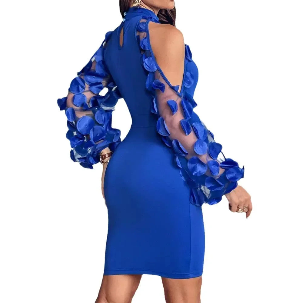 Maxy New Women's Clothing Mesh Splicing Stand-up Collar Tight Dress Fashionable And Elegant Off-the-shoulder Hollow Solid Color