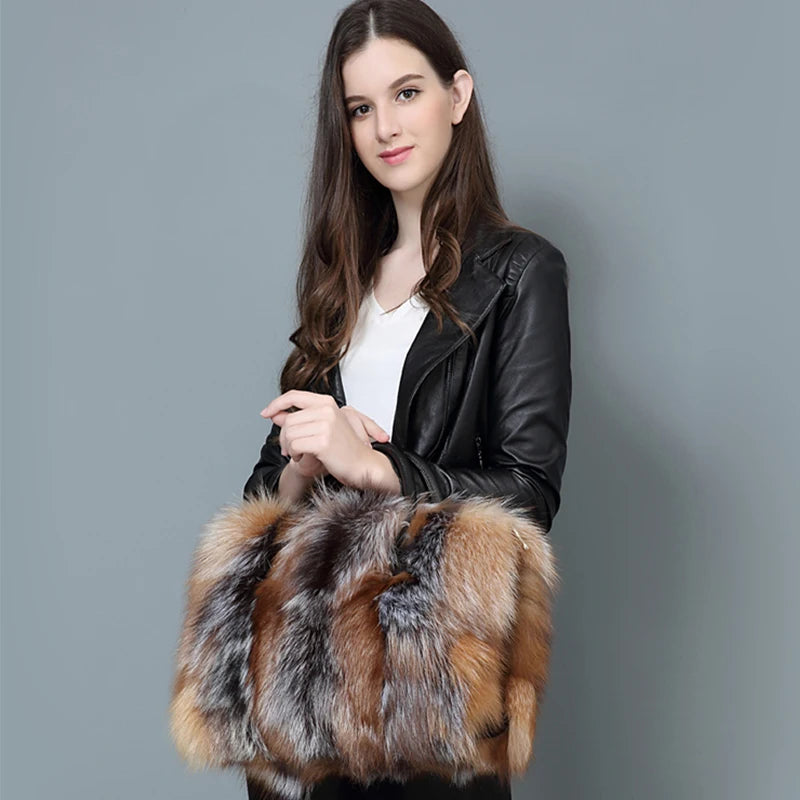 Maxy Real Fox Fur Large Size Bag Plush Ladies Crossbody Bags Designer Luxury Handbags Fluffy Tote Bag Women's Furry High End Big Bag
